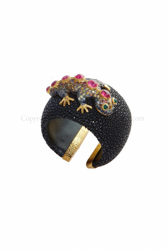 Black Leather, Ruby Gecko Bangle with Fancy Sapphire and green onyx(eyes) by Warutti