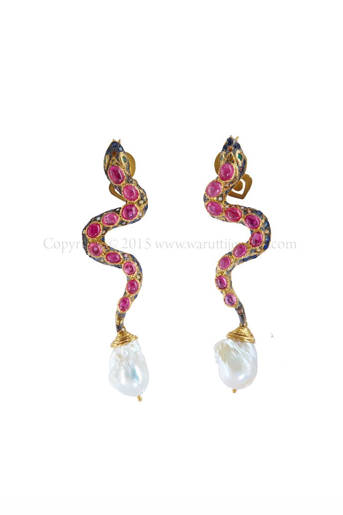 Ruby Cabochon Serpent Earrings by Warutti